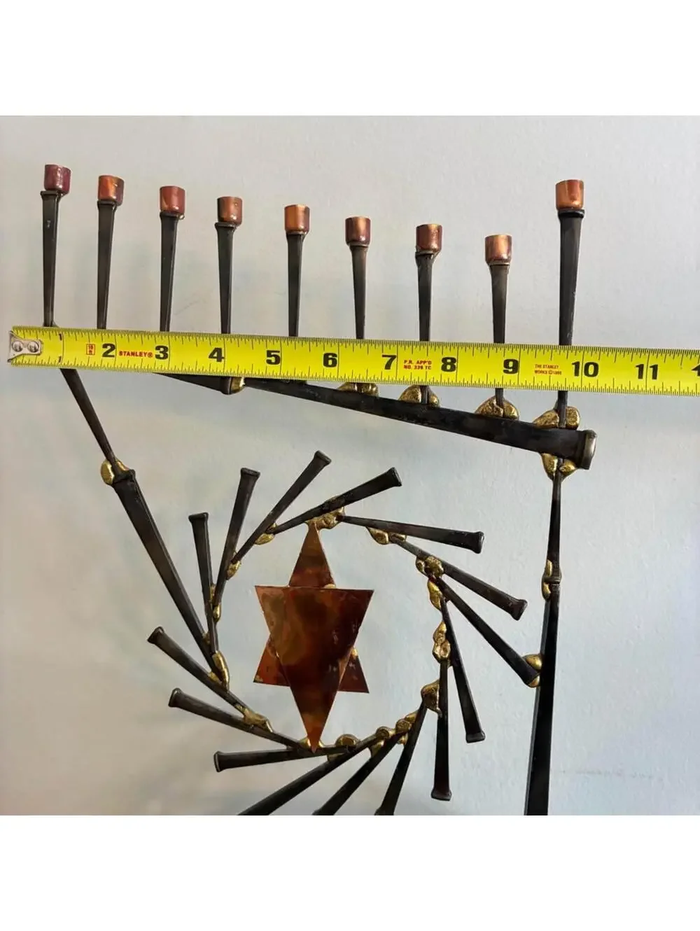 Vintage Brutalist Welded Metal Menorah Star Of David Judaica Candle Holder
